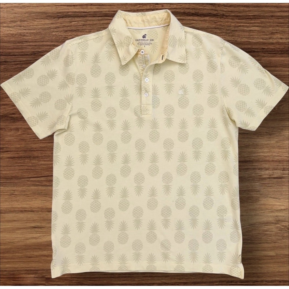 Caribbean Joe Island Polo Shirt Men's L Pineapple Print Yellow Short Sleeve Top